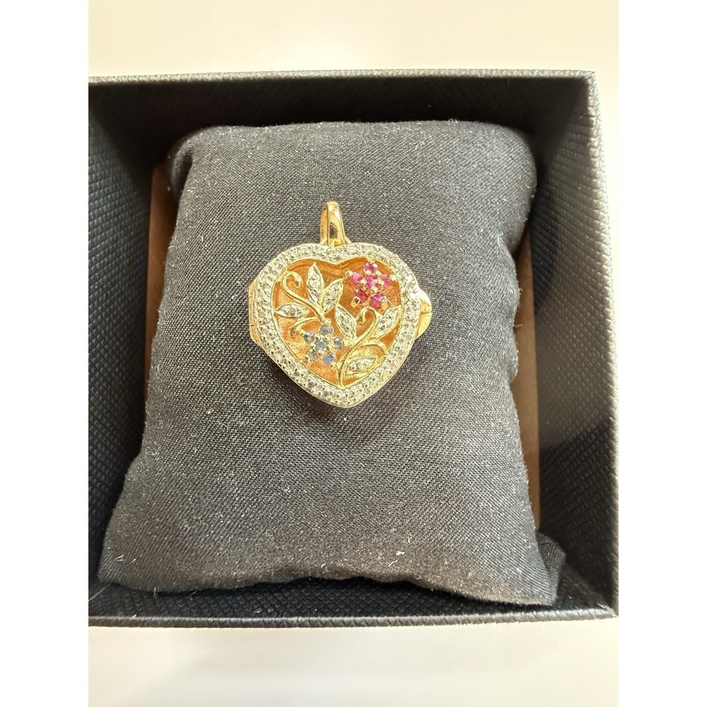 Vintage 925 Sterling Silver Vermeil Two Tone Sapphire Ruby Heart Locket Pendant
